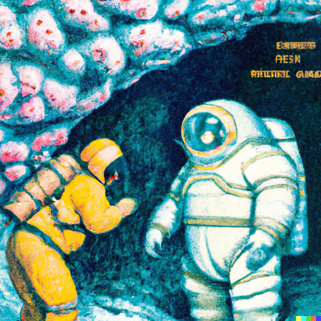 astronauts in spacesuits encounter giant tardigrade in cave, science fiction pulp magazine color cover_L