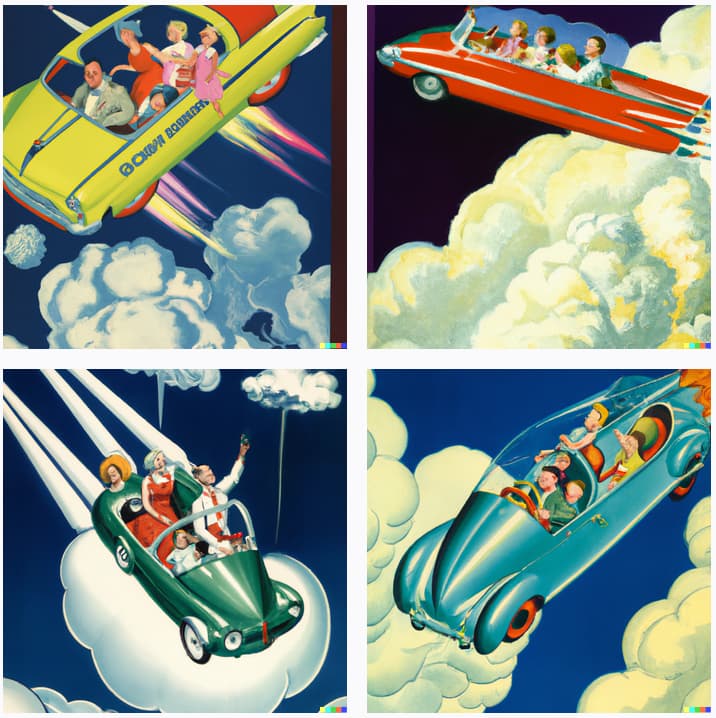 Family_of_four_flying_upward_through_the_clouds_in_their_atomic_space_car,_Popular_Science_color_cover,_1950s
