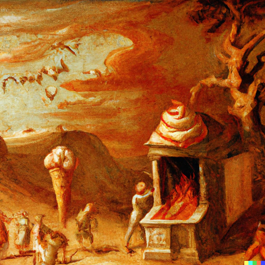 ice cream stand in the burning desert of Dante's Inferno, oil painting by Pieter Bruegel the Elder in the Kunsthistorisches Museum in Vienna_L