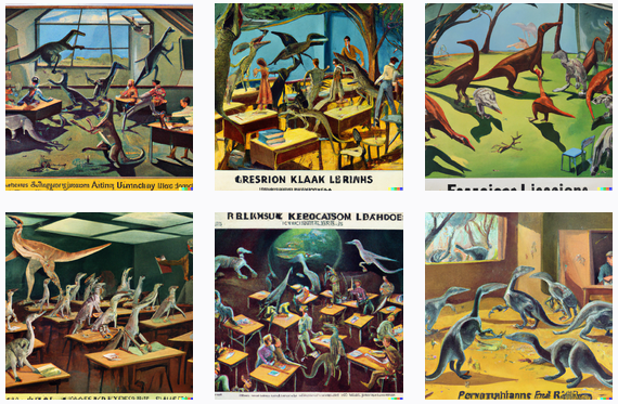 classroom_of_velociraptors_learning_hunting_strategies_against_bipedal_mammals,_Kelly_Freas_science_fiction_magazine_cover,_1960s
