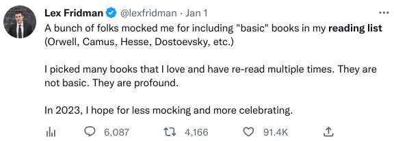 Lex Fridman on X: I'm reading a book a week in 2023. Classics, sci-fi,  nonfiction, or anything people highly recommend. I'll keep adjusting the  list. Start on Monday, done by Sunday. Might