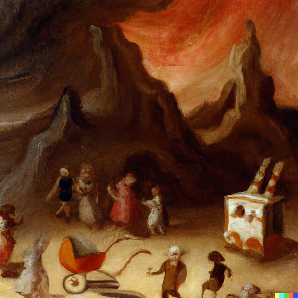 ice cream stand in the burning desert of Dante's Inferno, oil painting by Pieter Bruegel the Elder in the Kunsthistorisches Museum in Vienna_L2