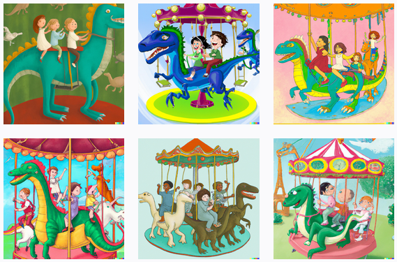 children_riding_merry-go-round,_with_dinosaurs_instead_of_horses,_illustration_from_children_s_book