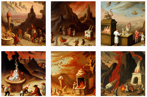 ice cream stand in the burning desert of Dante's Inferno, oil painting by Pieter Bruegel the Elder in the Kunsthistorisches Museum in Vienna