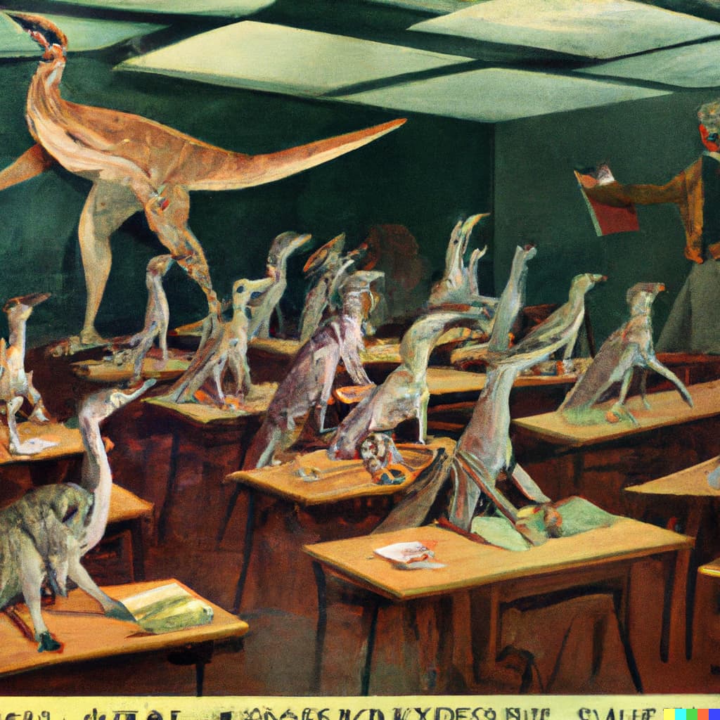 classroom_of_velociraptors_learning_hunting_strategies_against_bipedal_mammals,_Kelly_Freas_science_fiction_magazine_cover,_1960s_L